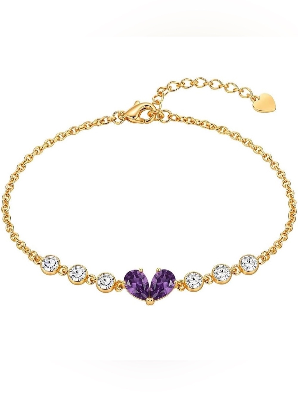 Gold-Plated Bracelet with Amethyst Heart Gem and Clear Stones